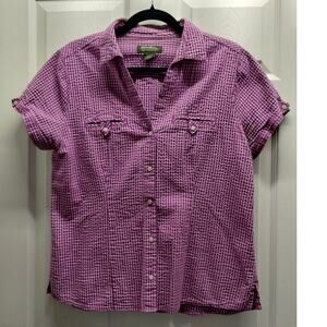 Eddie Bauer Women's Size Large Purple Check Print Seersucker Button Up Shirt